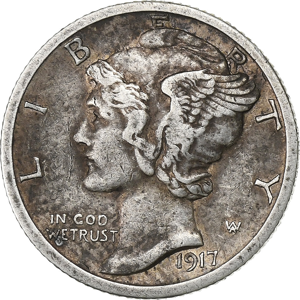 United States, Dime, Mercury, 1917, U.S. Mint, Silver, EF(40-45), KM:140