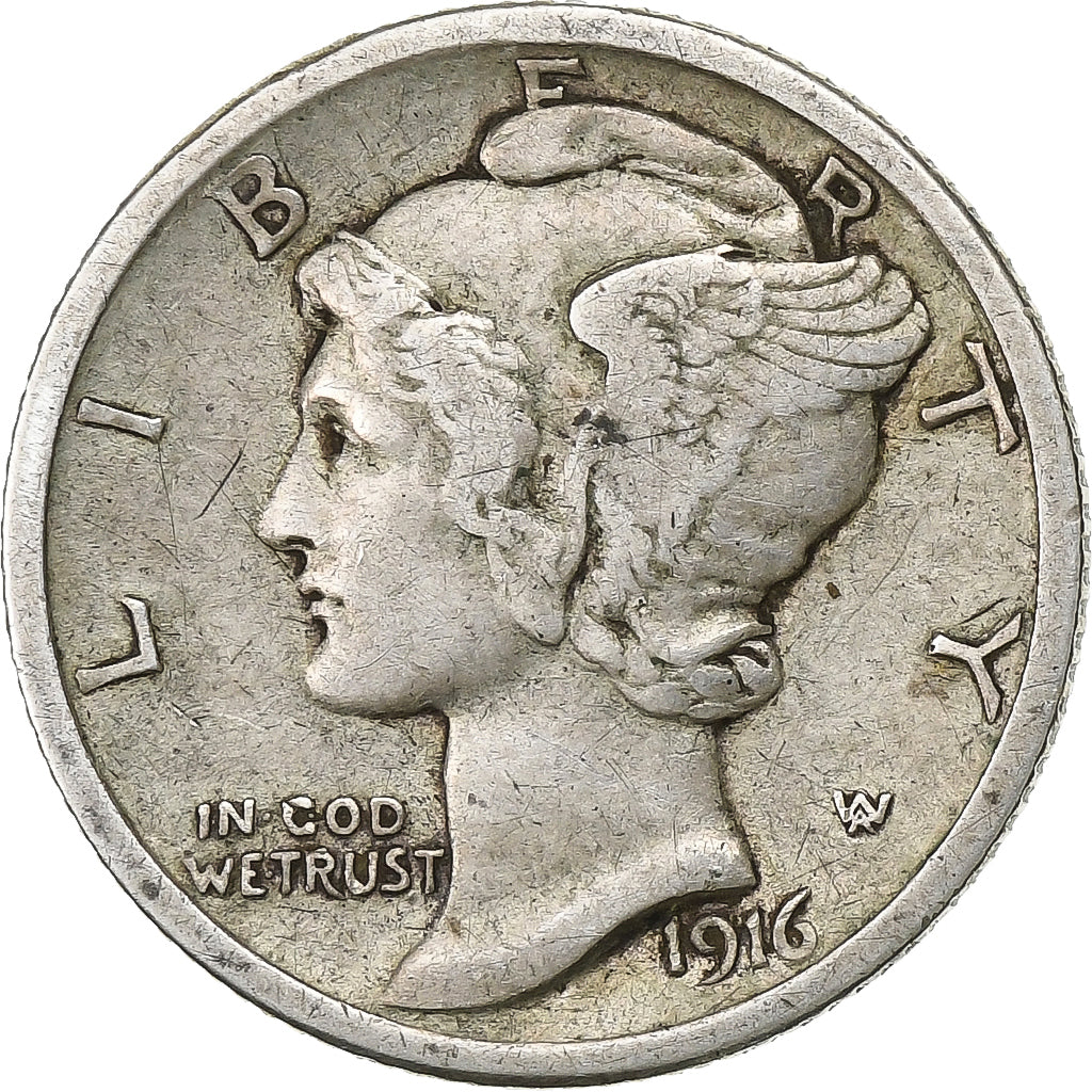 United States, Dime, Mercury, 1916, U.S. Mint, Silver, VF(30-35), KM:140