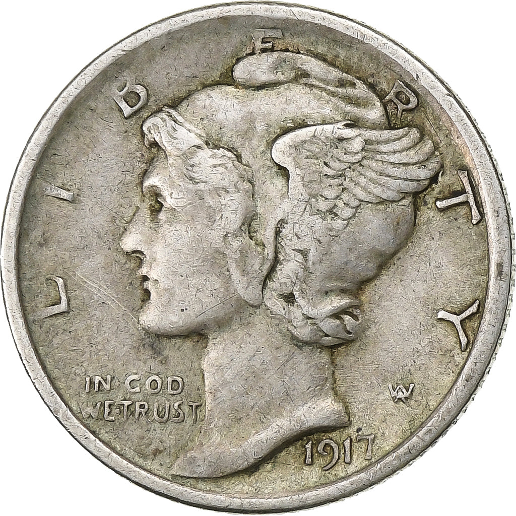United States, Dime, Mercury, 1917, U.S. Mint, Silver, EF(40-45), KM:140