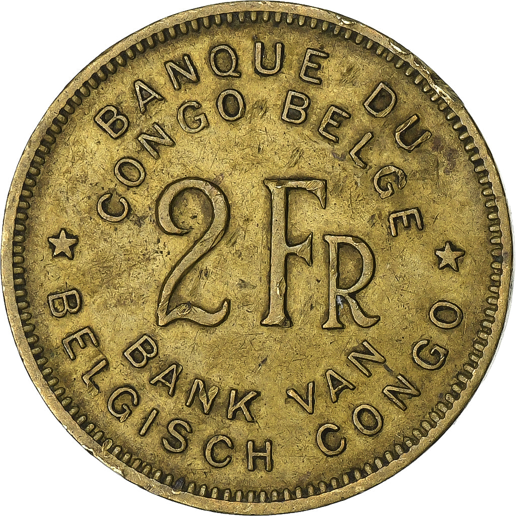 Belgian Congo, Régence Prince Charles, 2 Francs, 1947, Brass, EF(40-45), KM:28