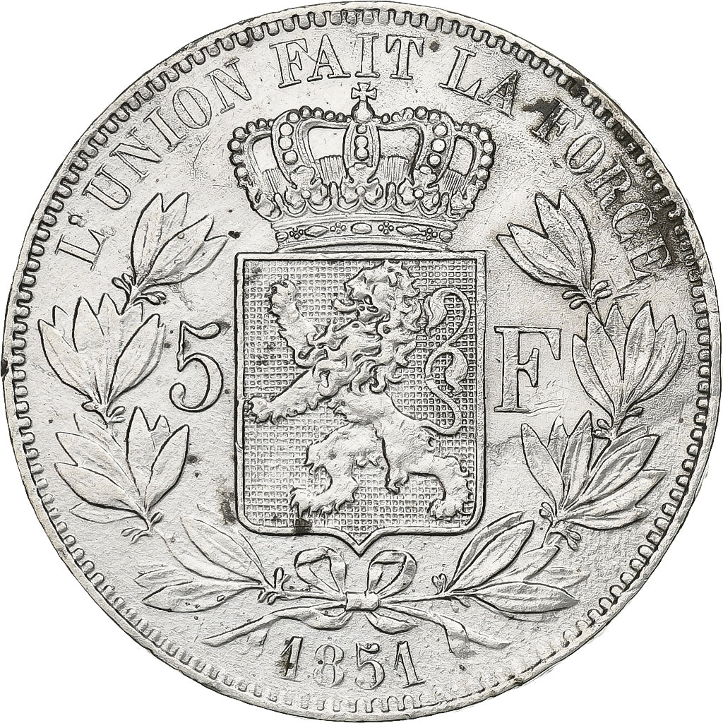 Belgia, Leopold I, 5 Francs, 5 Frank, 1851, Bruxelles, Srebro, EF(40-45), KM:17