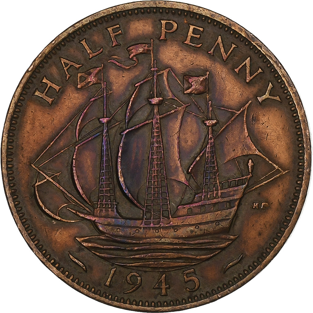 Gran Bretagna, George VI, 1/2 Penny, 1945, Bronzo, BB, KM:844