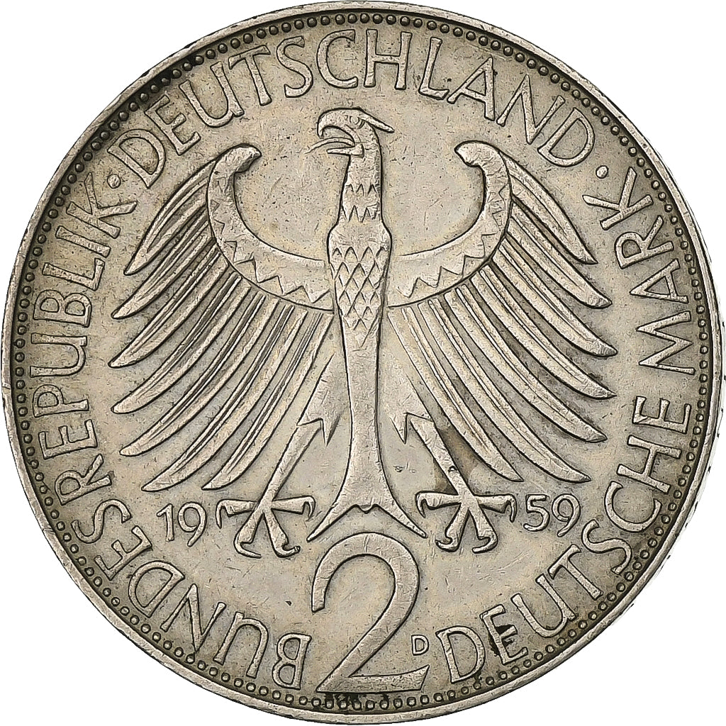 GERMANY - FEDERAL REPUBLIC, 2 Mark, 1959, Munich, Copper-nickel, EF(40-45)
