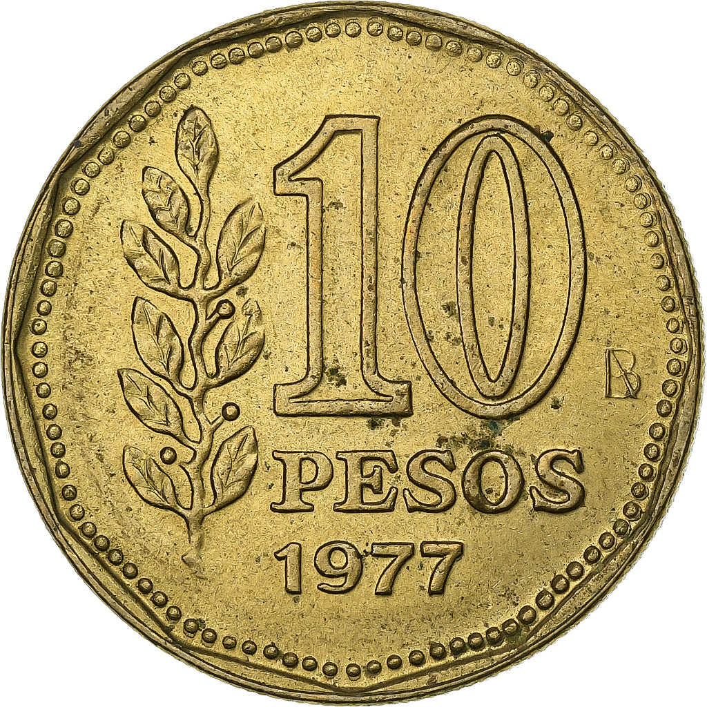 Argentina, 10 Pesos, 1977, Aluminum-Bronze, AU(50-53), KM:72
