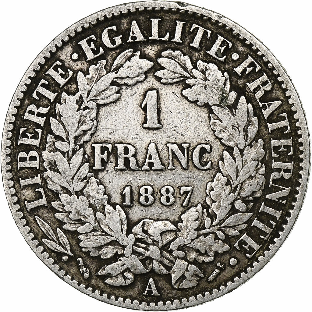 France, Franc, Cérès, 1887, Paris, Silver, VF(30-35), Gadoury:465a, KM:822.1