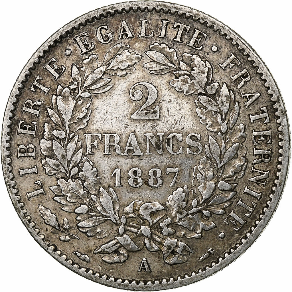 France, 2 Francs, Cérès, 1887, Paris, Silver, EF(40-45), Gadoury:530, KM:817.1
