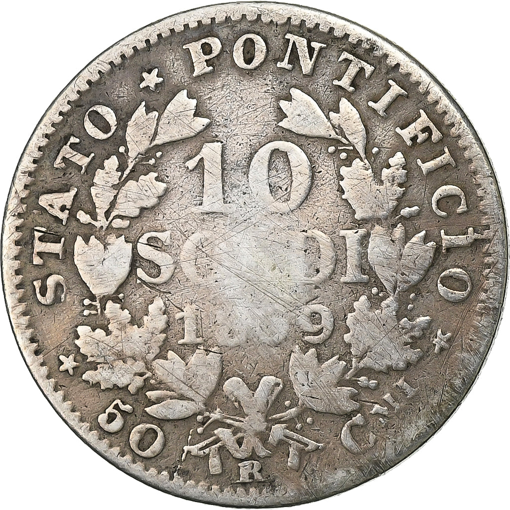 États pontificaux, Pius IX, 10 Soldi, 50 Centesimi, 1869, Rome, Argent, TB