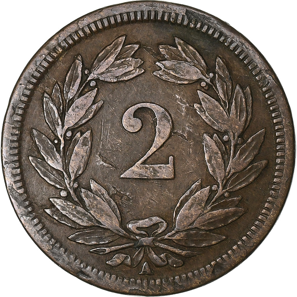 Schweiz, 2 Rappen, 1850, Paris, Bronze, SS, KM:4.1