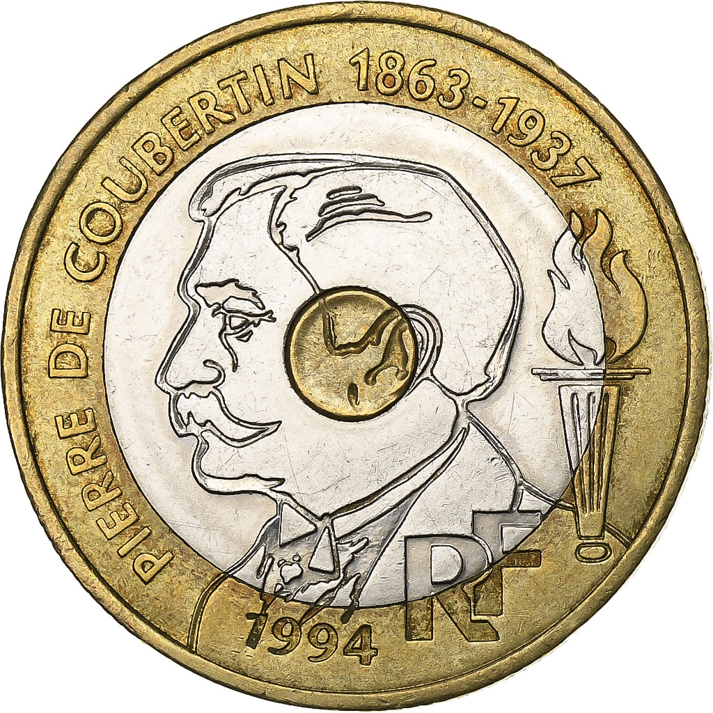 Francia, 20 Francs, Pierre de Coubertin, 1994, Tri-metallico, BB+, Gadoury:873