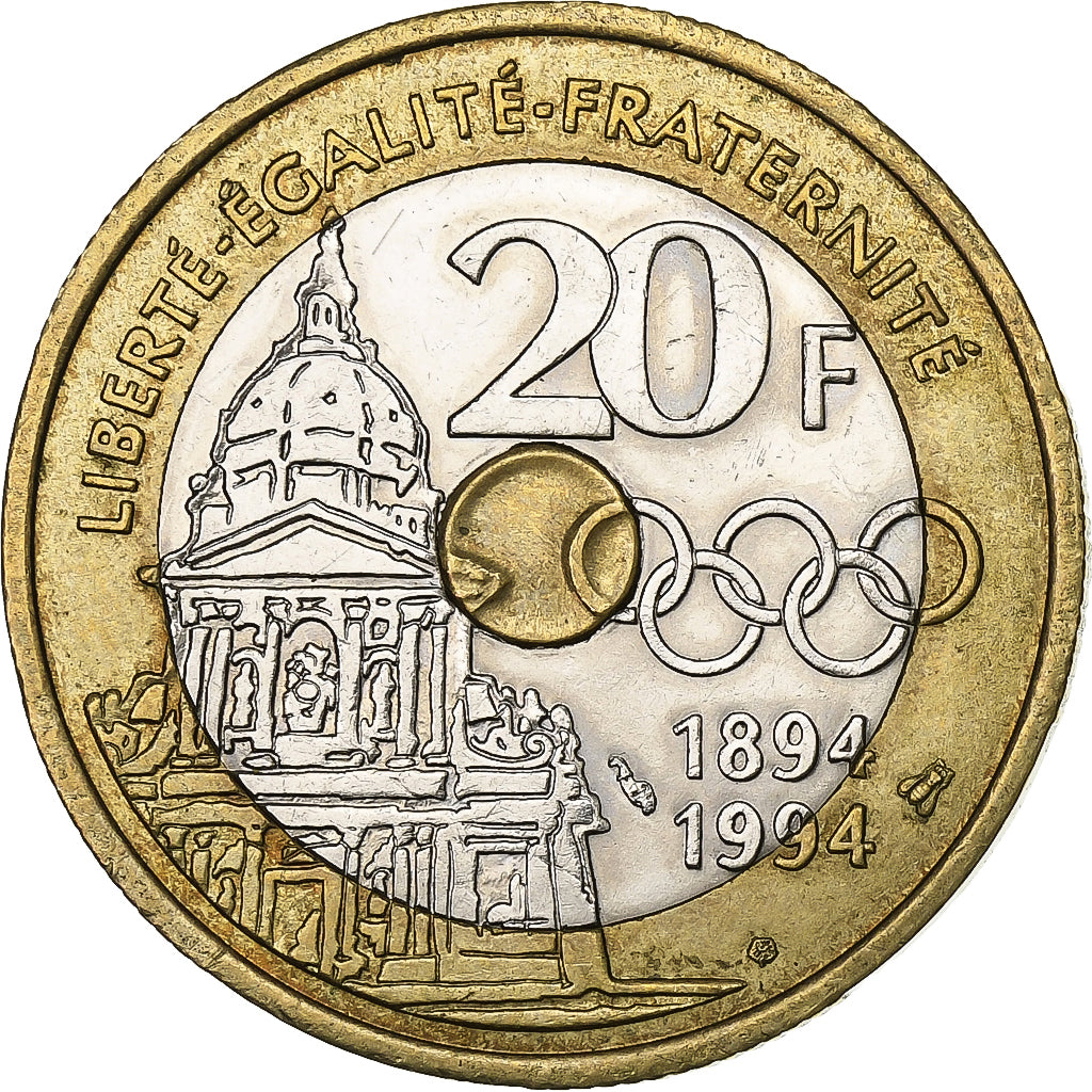 Francia, 20 Francs, Pierre de Coubertin, 1994, Tri-metallico, BB+, Gadoury:873