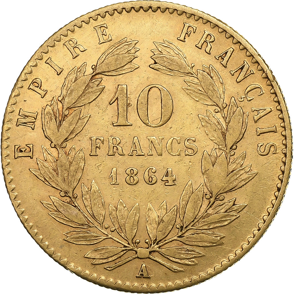 Francia, Napoleon III, 10 Francs, 1864, Paris, Oro, MBC, Gadoury:1015, KM:800.1