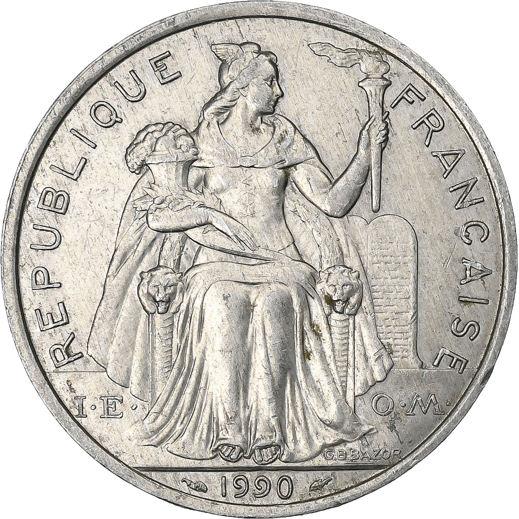 Frans Polynesië, 5 Francs, 1990, Paris, Aluminium, ZF+, Lecompte:59, KM:12