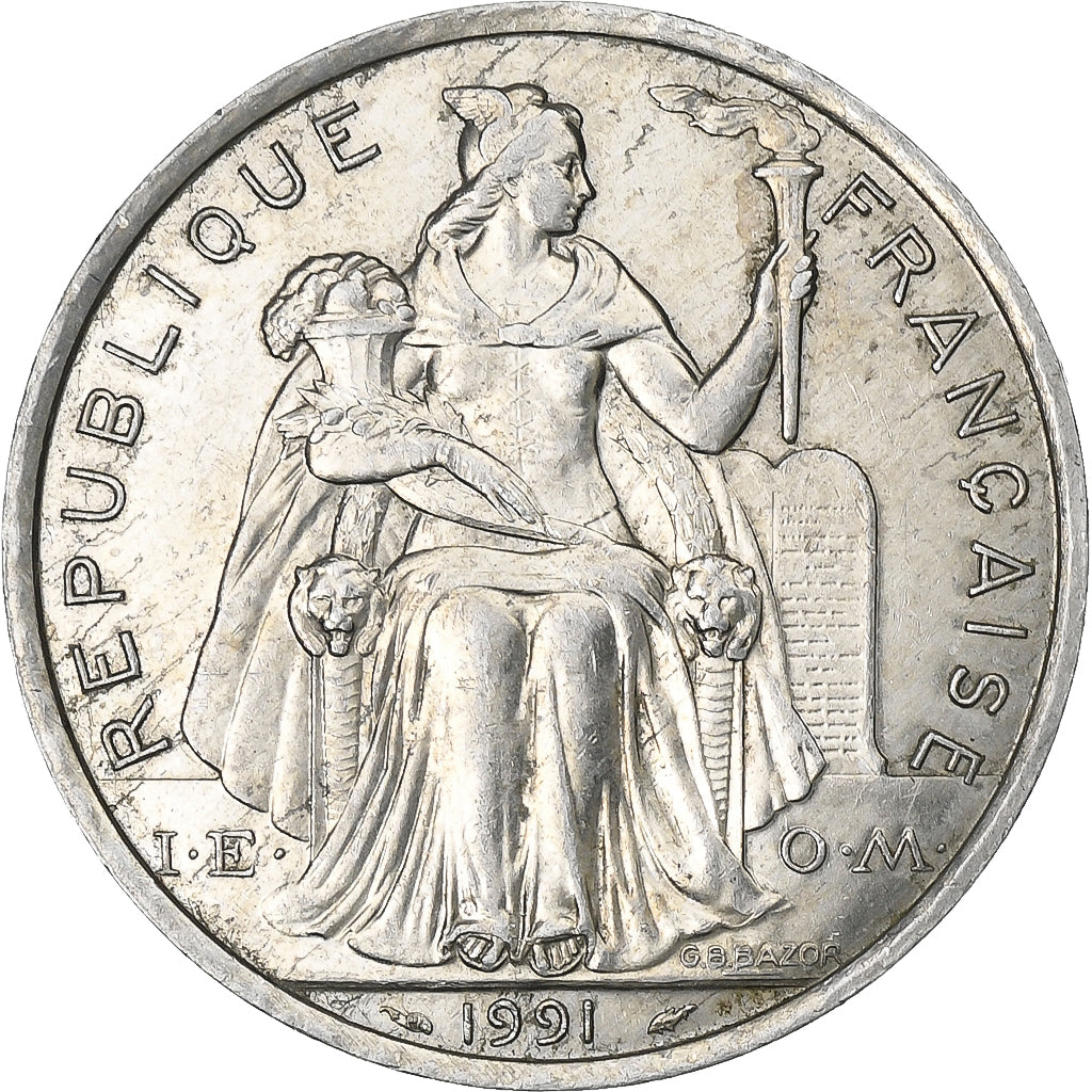 French Polynesia, 5 Francs, 1991, Paris, Aluminum, AU(50-53), Lecompte:60, KM:12