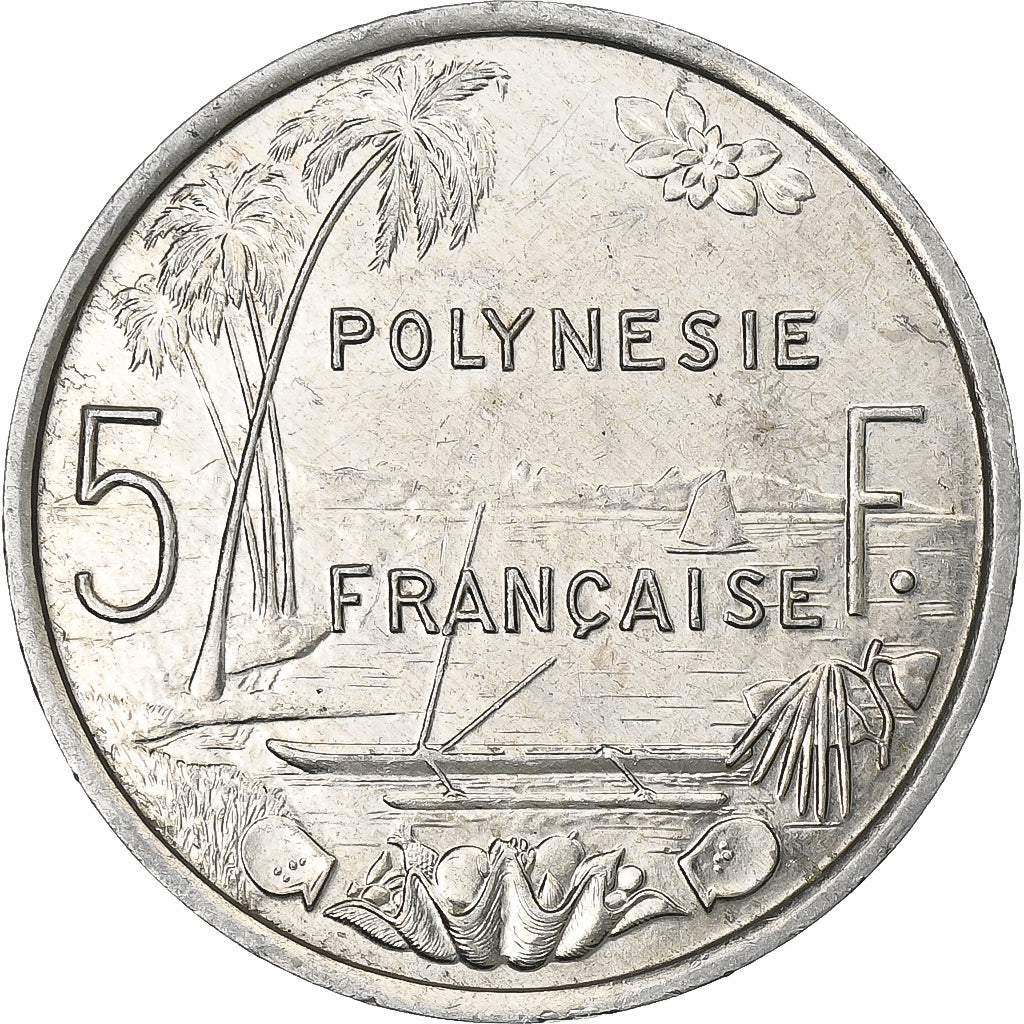 French Polynesia, 5 Francs, 1991, Paris, Aluminum, AU(50-53), Lecompte:60, KM:12