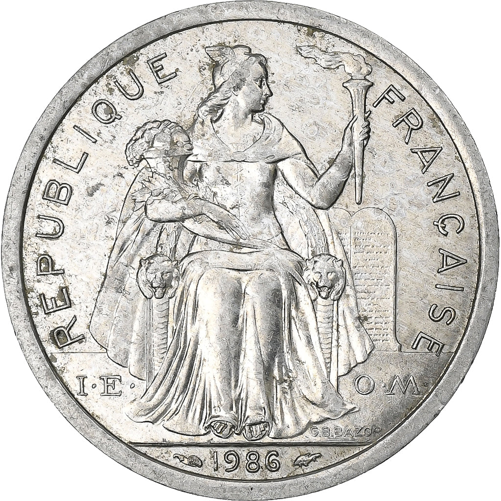 French Polynesia, 2 Francs, 1986, Paris, Aluminum, AU(50-53), Lecompte:37, KM:10