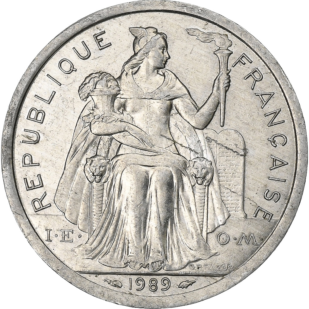 French Polynesia, 2 Francs, 1989, Paris, Aluminum, AU(50-53), Lecompte:40, KM:10