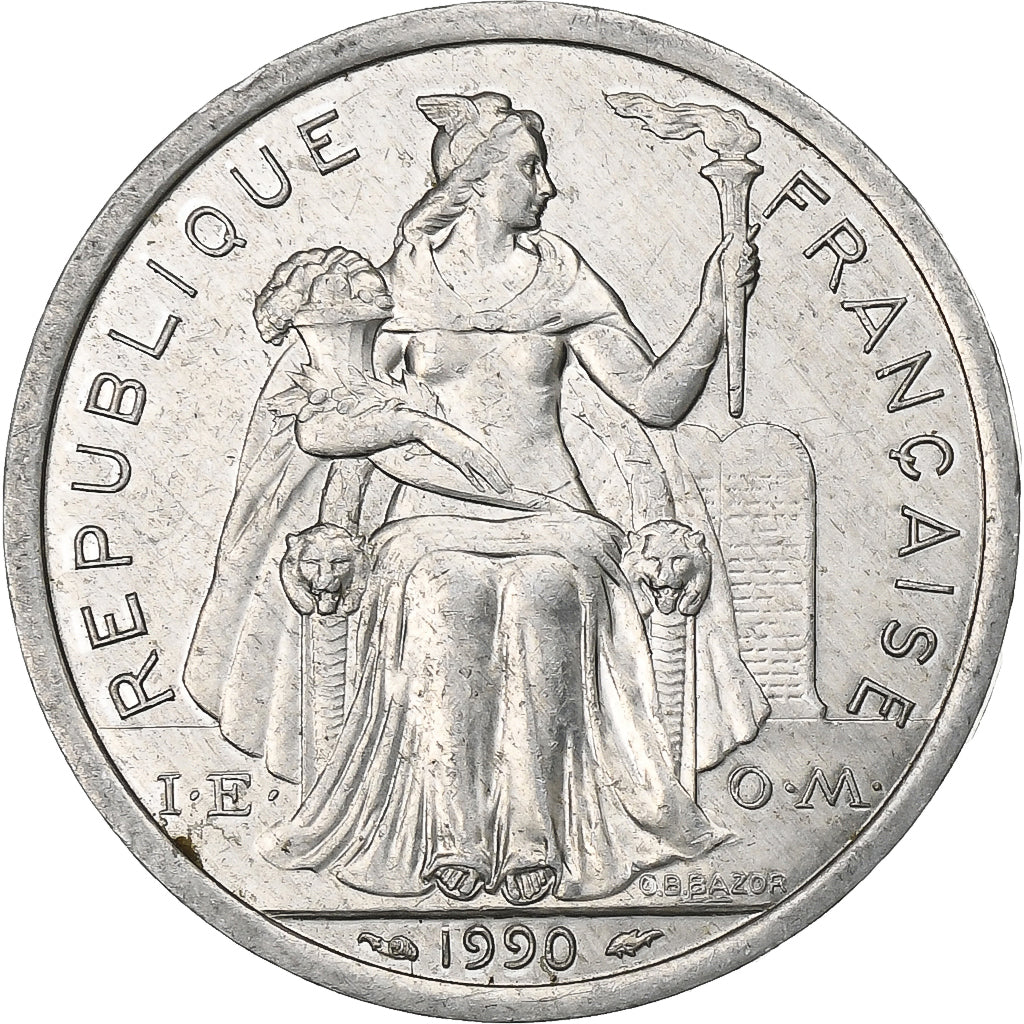 New Caledonia, 2 Francs, 1990, Paris, Aluminum, AU(50-53), Lecompte:66, KM:14