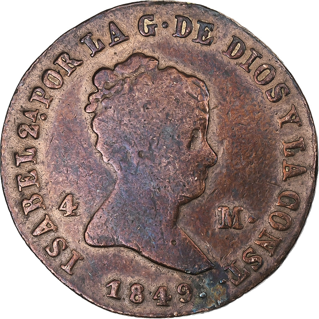 Spanje, Isabel II, 4 maravedis, 1849, Jubia, Koper, FR+, KM:530.2