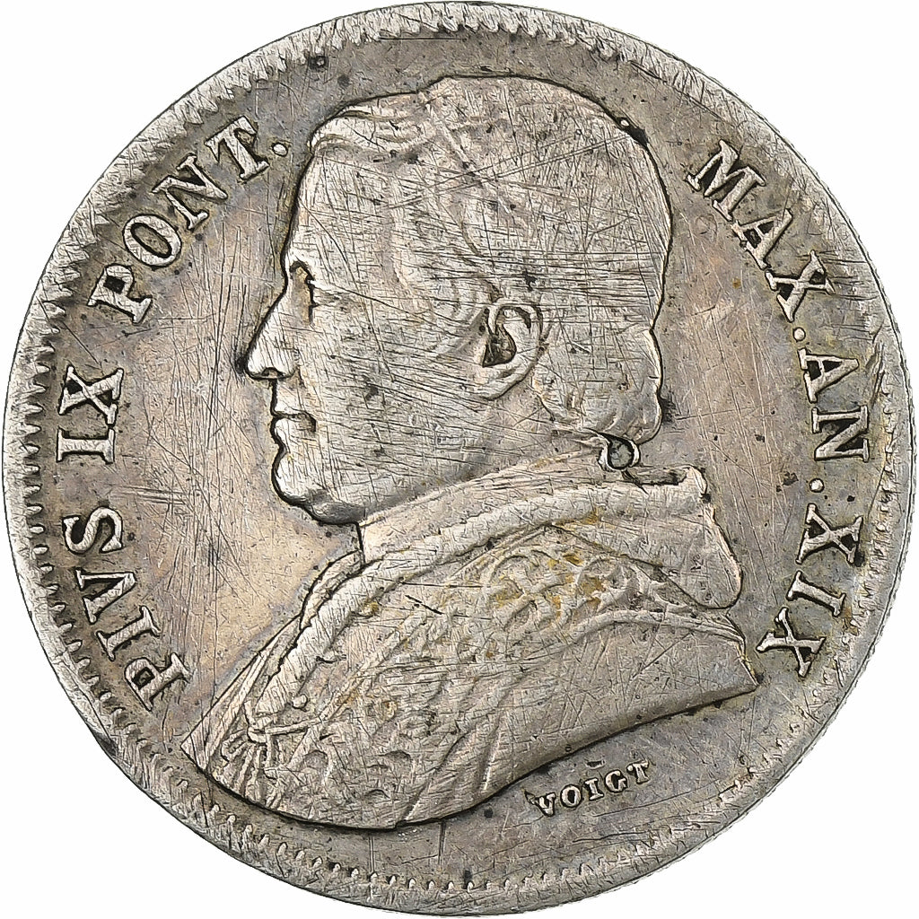 Italiaanse staten, PAPAL STATES, Pius IX, 20 Baiocchi, 1865, Rome, Zilver, FR+
