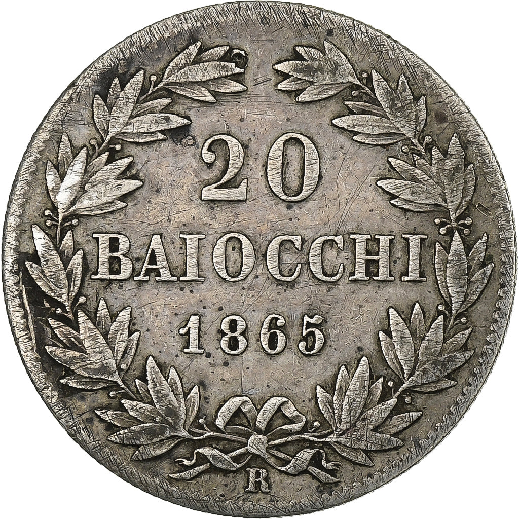 Italiaanse staten, PAPAL STATES, Pius IX, 20 Baiocchi, 1865, Rome, Zilver, FR+