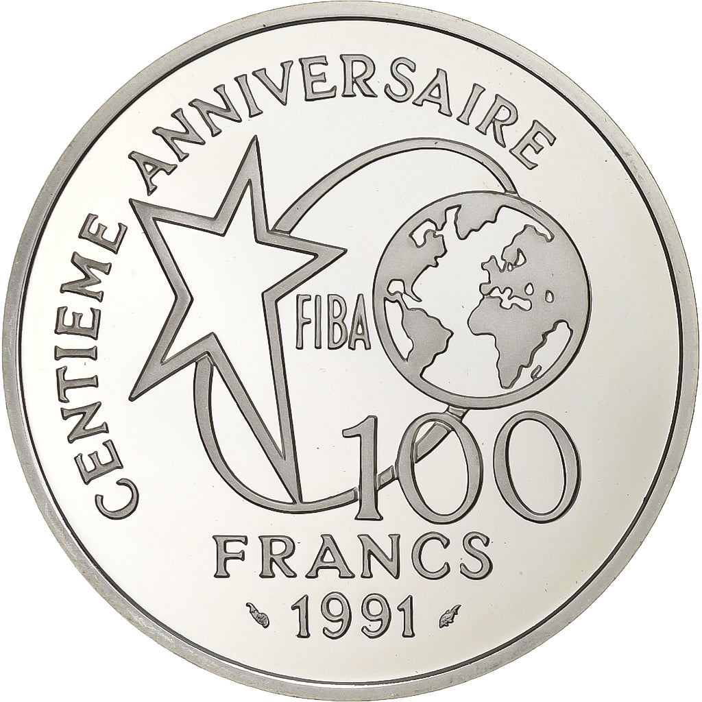 France, 100 Francs, FIBA, basket-ball, 1991, Paris, Silver, MS(65-70), KM:991