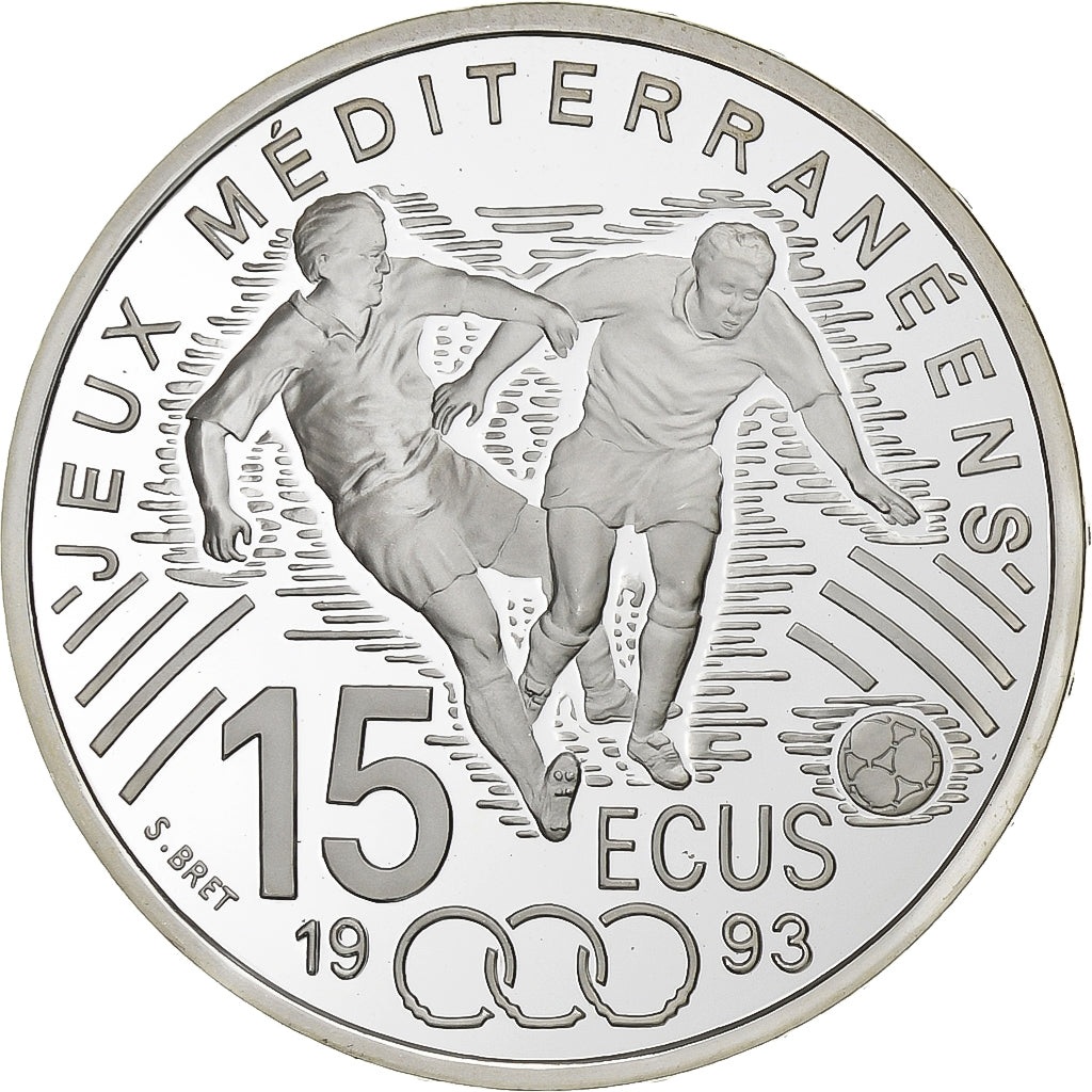 Francia, 100 Francs-15 Ecus, Jeux méditerranéens, foot, 1993, Paris, Plata