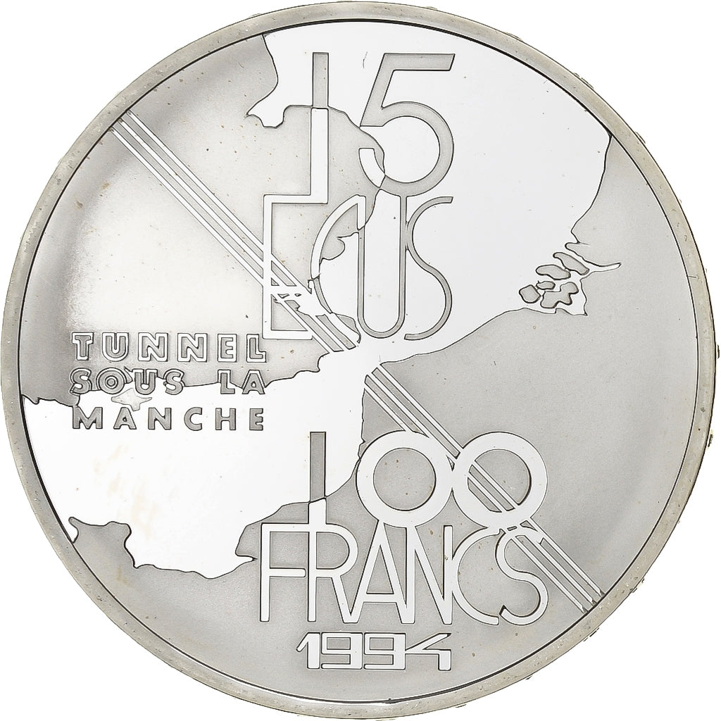 France, 100 Francs-15 Ecus, Tunnel sous La Manche, 1994, Paris, Silver