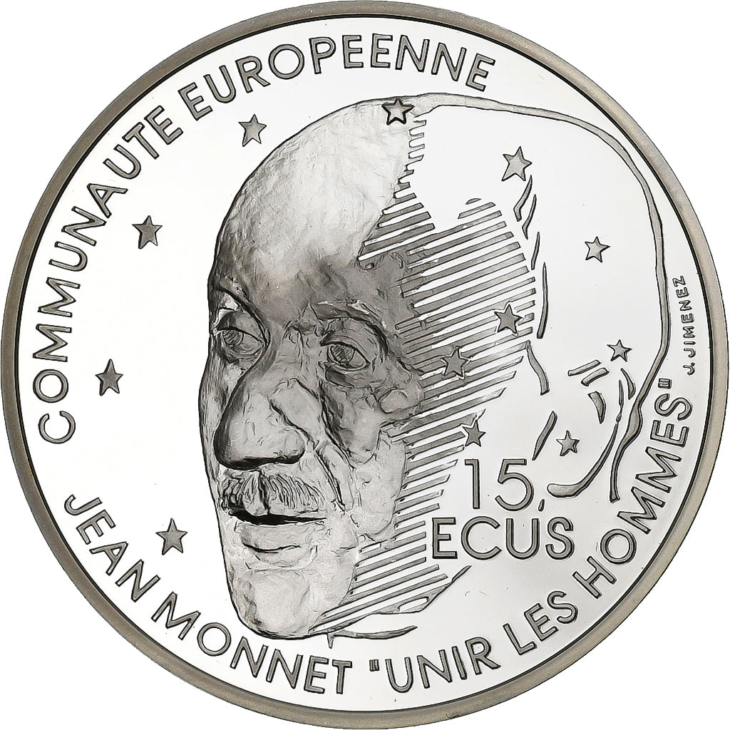 France, 100 Francs-15 Ecus, Jean Monnet, 1992, Paris, Silver, MS(65-70), KM:1012