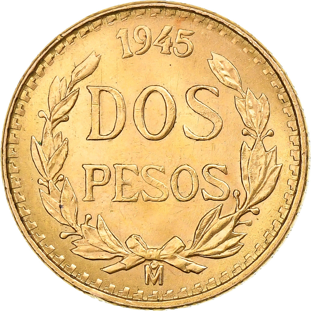 Mexico, 2 Pesos, 1945, Mexico City, Gold, AU(55-58), KM:461