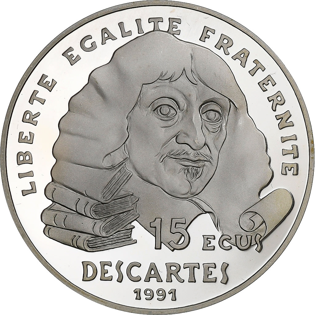 France, 100 Francs-15 Ecus, René Descartes, 1991, Paris, Silver, MS(65-70)