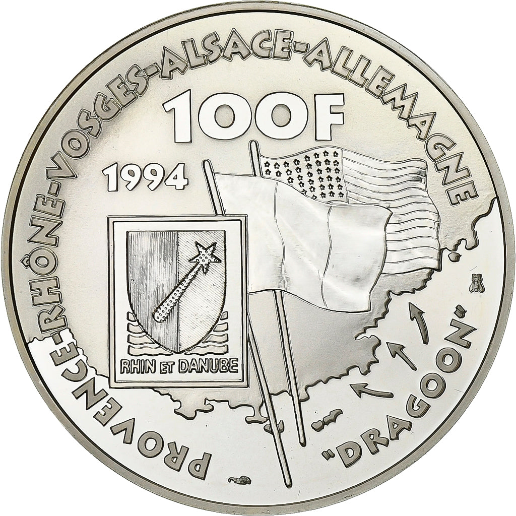 Francja, 100 Francs, De Lattre de Tassigny, 1994, Paris, Srebro, MS(65-70)