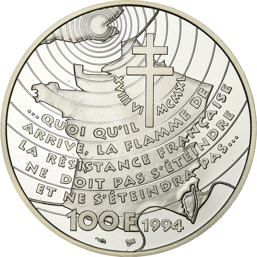 Francja, 100 Francs, Libération - Appel du 18 Juin 1940, 1994, Paris, Srebro