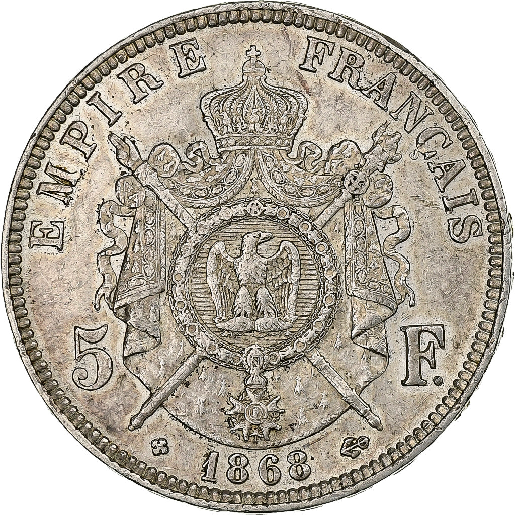 France, Napoléon III, 5 Francs, 1868, Strasbourg, Argent, TTB+, Gadoury:739