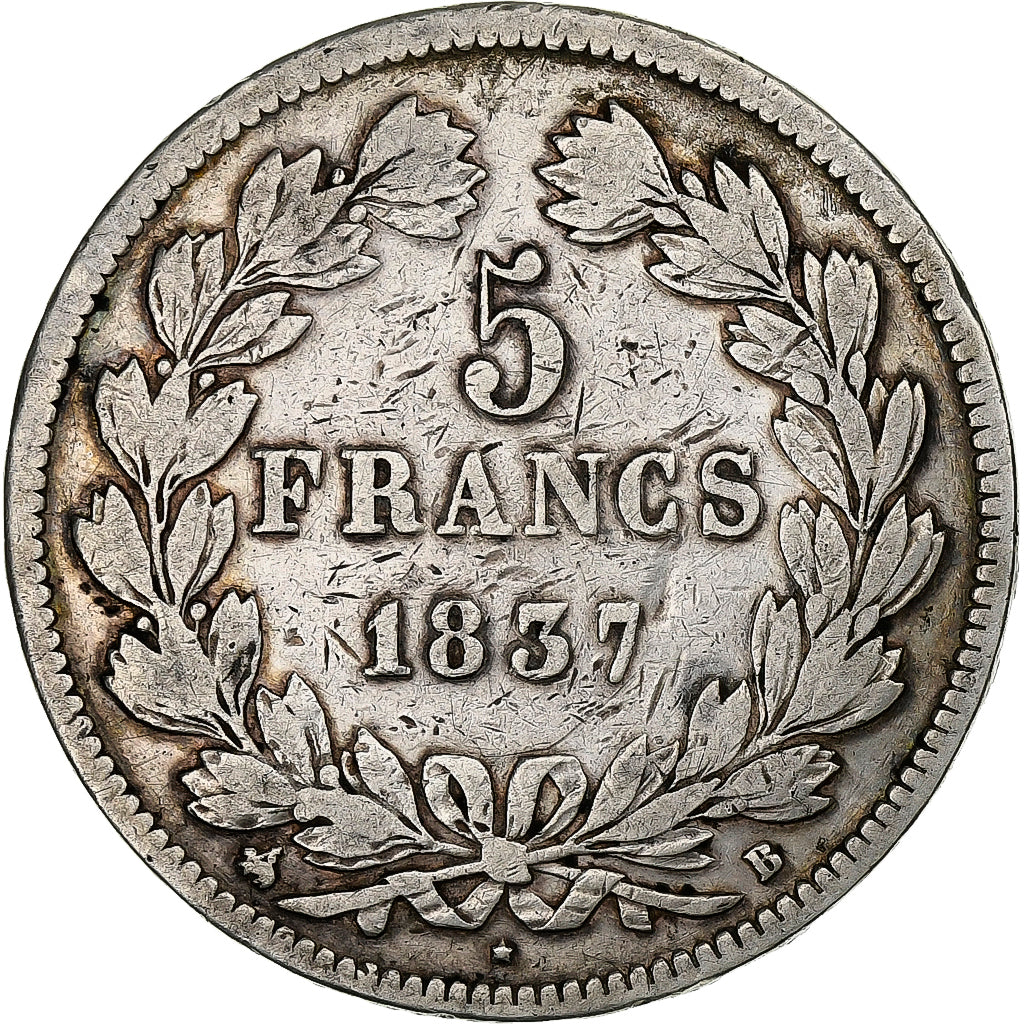 Francja, Louis Philippe I, 5 Francs, 1837, Rouen, Srebro, VF(30-35)
