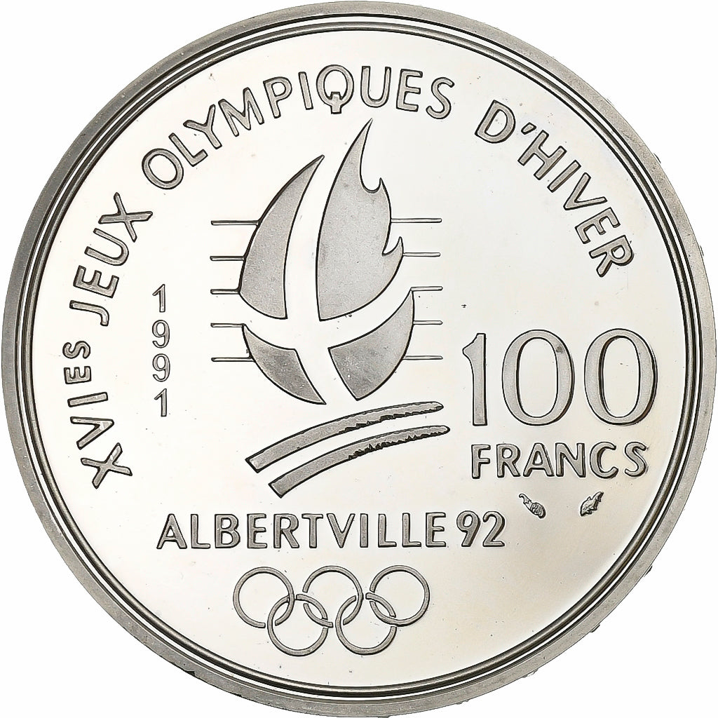 France, 100 Francs, 1992 Olympics, Albertville, Hockey, 1991, Paris, Silver
