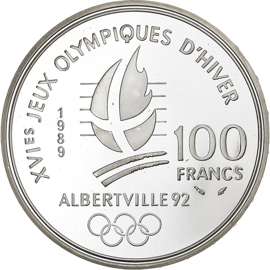 France, 100 Francs, Albertville 92, Ski de descente, 1989, Paris, Argent, SPL