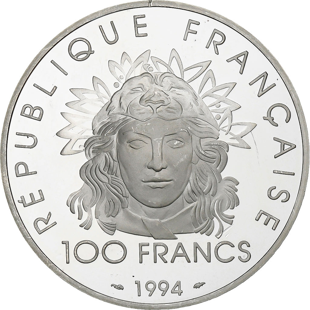France, 100 Francs, Jeux Olympiques, Javelot, 1994, Paris, Silver, MS(63)
