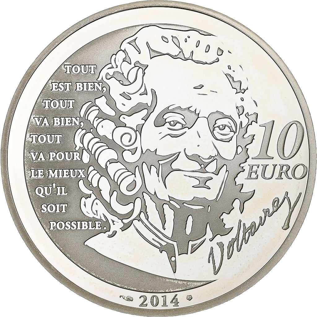 France, 10 Euro, Voltaire, Proof, 2014, Paris, Silver, MS(63), KM:2188
