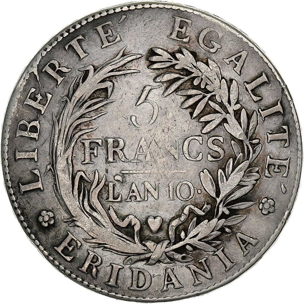 États italiens, PIEDMONT REPUBLIC, 5 Francs, AN 10 (1801), Turin, Argent, TB