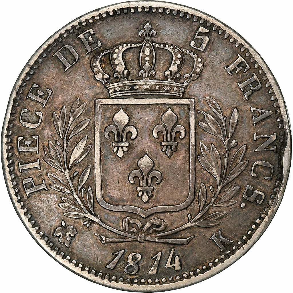 França, Louis XVIII, 5 Francs, 1814, Bordeaux, Prata, VF(30-35), Gadoury:591