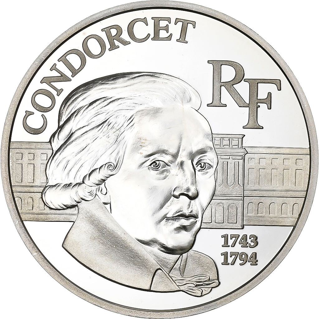France, 100 Francs, Marquis de Condorcet, 1998, Paris, Silver, MS(63), KM:1201