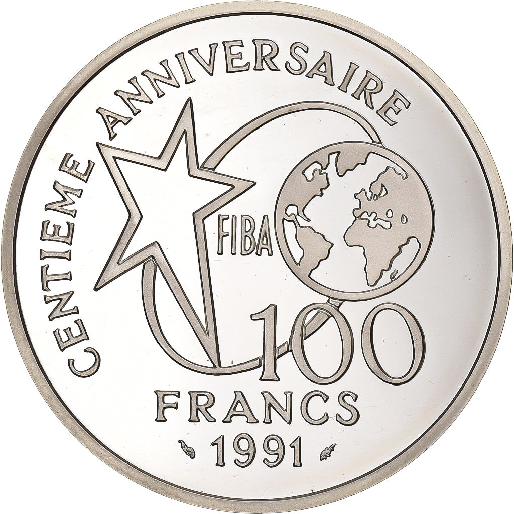 Frankrijk, 100 Francs, FIBA, basket-ball, 1991, Paris, Zilver, UNC-, KM:992