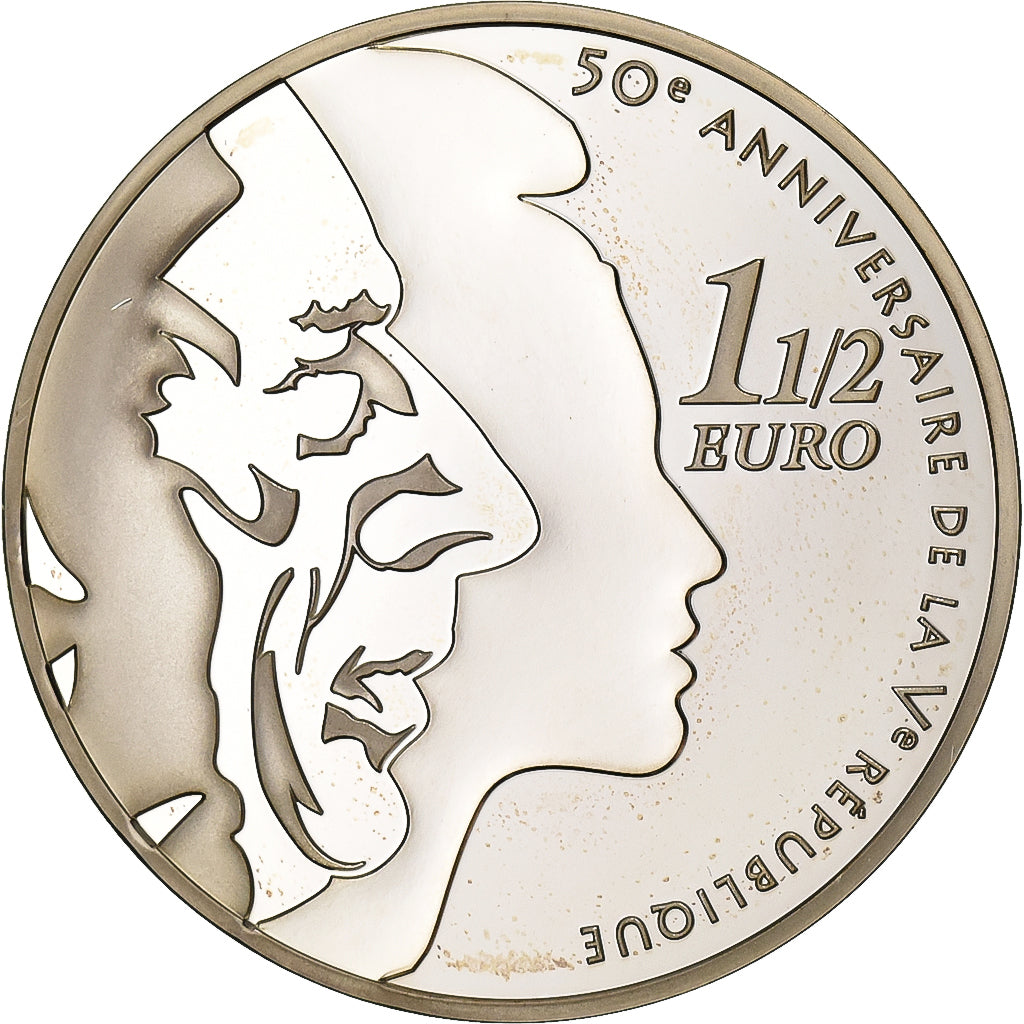 France, 1-1/2 Euro, 50e Anniversaire de la Vè République, 2008, Paris, Argent