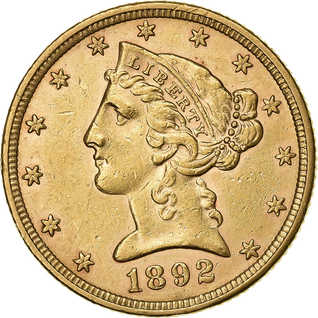 United States, $5, Half Eagle, Coronet Head, 1892, U.S. Mint, Gold, AU(55-58)