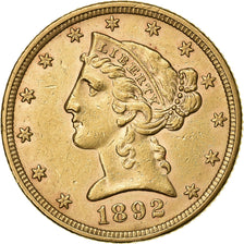 United States, $5, Half Eagle, Coronet Head, 1892, U.S. Mint, Gold, AU(55-58)