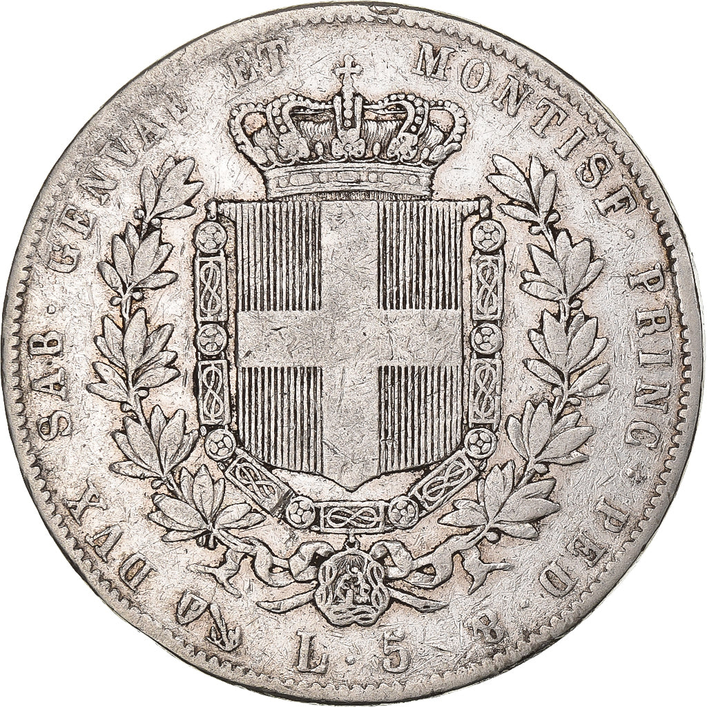 ESTADOS ITALIANOS, SARDINIA, Vittorio Emanuele II, 5 Lire, 1859, Genoa, Prata