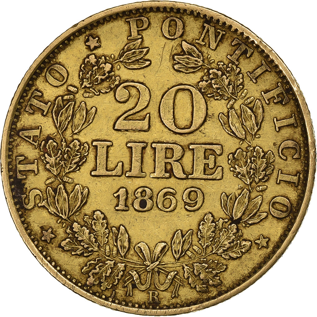 Vatican, PAPAL STATES, Pius IX, 20 Lire, 1869, Rome, Gold, EF(40-45), KM:1382.4