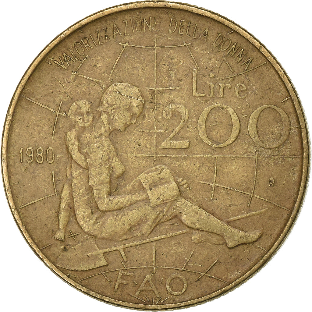 Italy, 200 Lire, 1980, Rome, Aluminum-Bronze, VF(30-35), KM:107