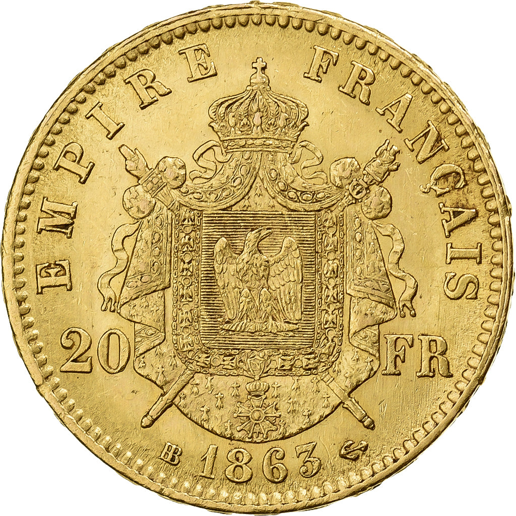 Frankreich, Napoleon III, 20 Francs, 1863, Strasbourg, Gold, VZ, Gadoury:1062