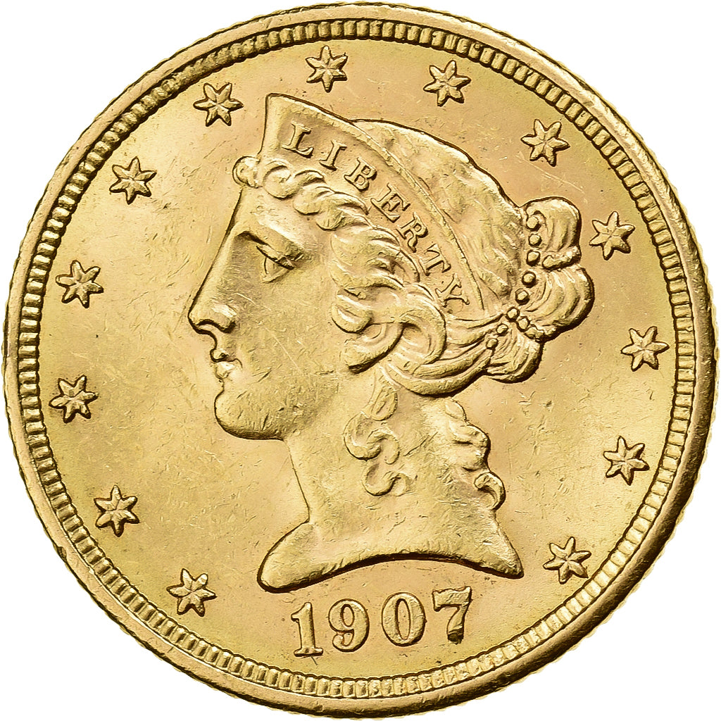 USA, $5, Half Eagle, Coronet Head, 1907, U.S. Mint, Złoto, AU(55-58), KM:101